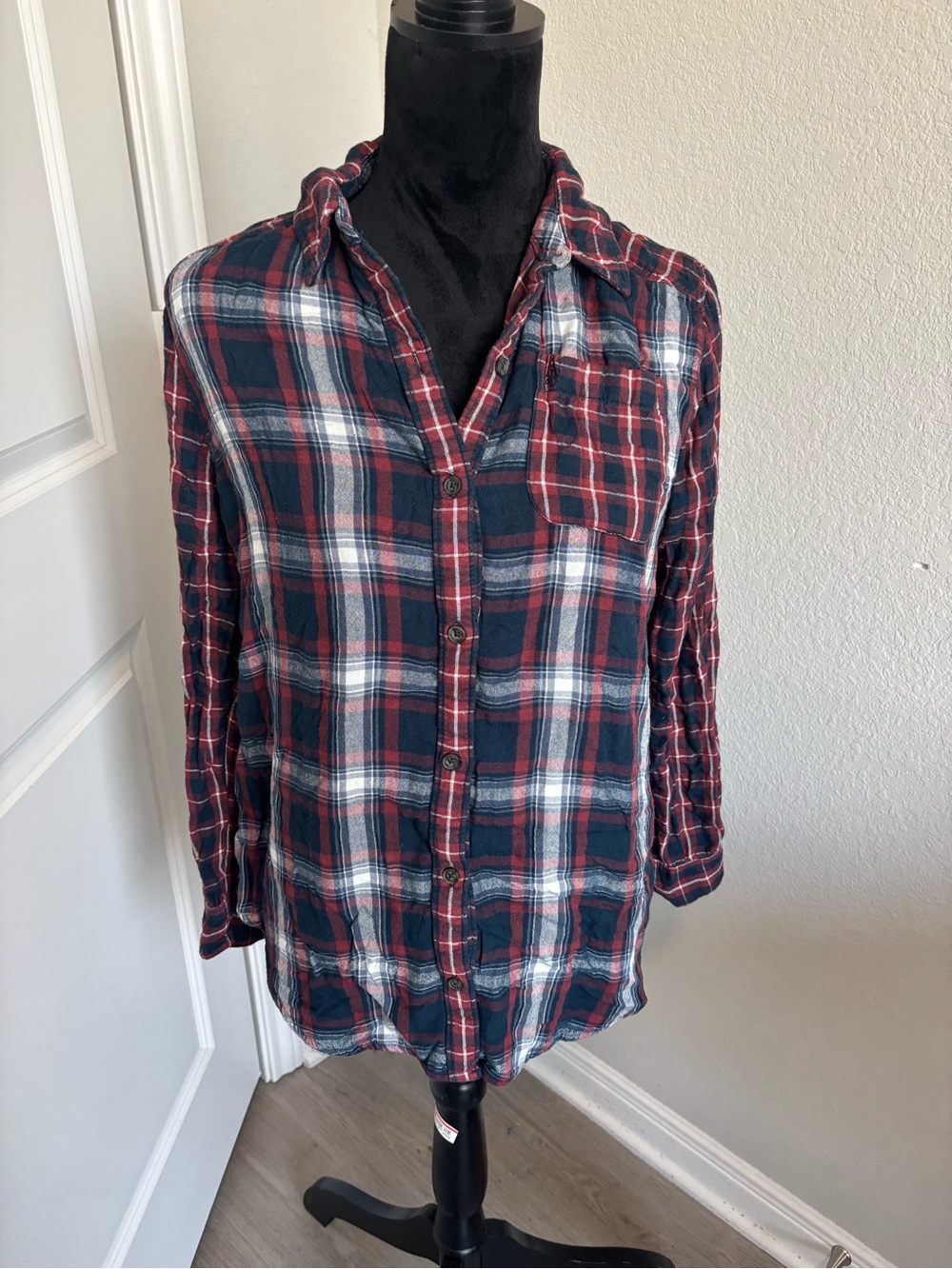 Abercrombie & Fitch Flannel Shirt Medium Red Navy White Plaid Button Down Large